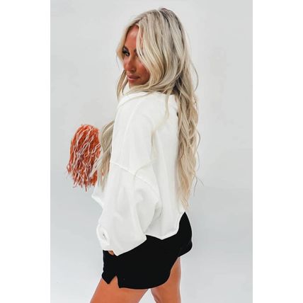 Bright White Game Day Lettering Rugby Notched Neck Sweatshirt