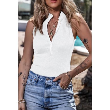 White Zip up Mock Neck Ribbed Sleeveless Bodysuit