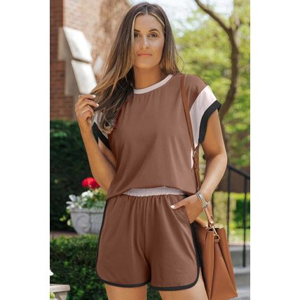 Coffee Contrast Trim Cap Sleeve Tee Shorts Set