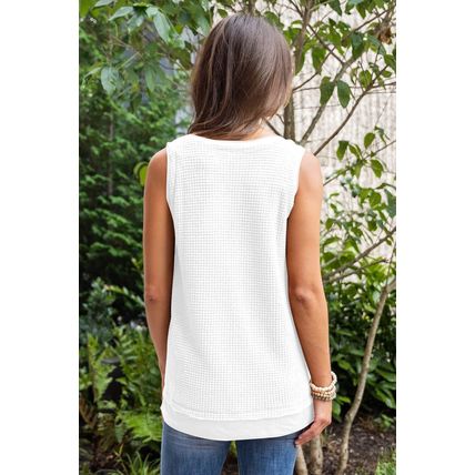 White Scoop Neck Waffle Knit Flowy Vest