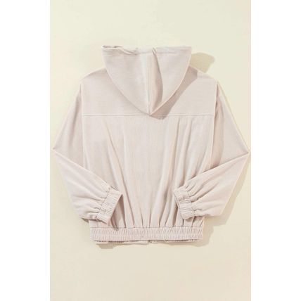 White Corduroy Drawstring Hooded Pocket Zip Up Jacket