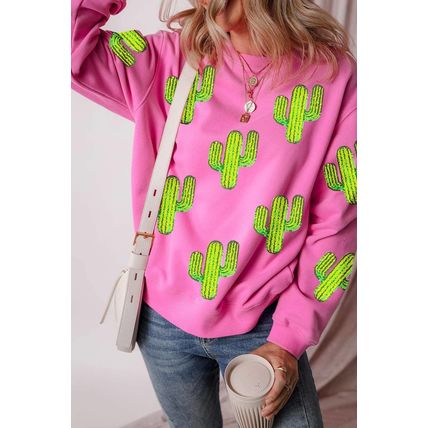 Bonbon Sequined Cactus Pattern Crewneck Pullover Sweatshirt