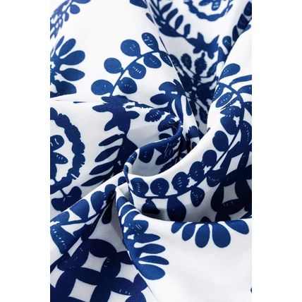 Blue Floral Print V Neck Wrapped Knot Long Sleeve Dress