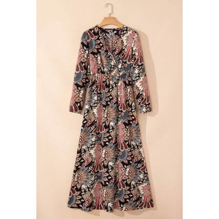 Black Floral Print V Neck Wrap High Waist Maxi Dress