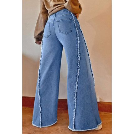 Beau Blue Vintage Stitching Raw Hem Flared Jeans
