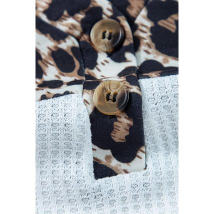 White Leopard Waffle Knit Patchwork Button V Neck Top