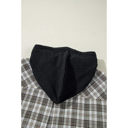 Black Checkered Print Loose Fit Buttoned Hooded Shacket
