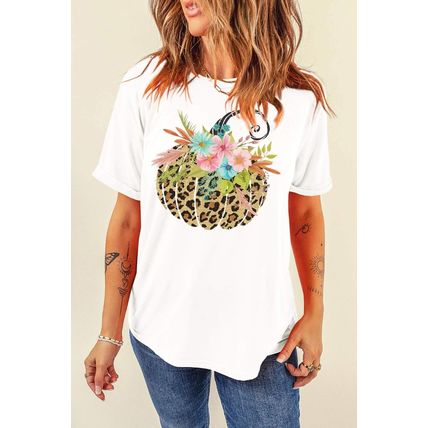 White Floral Leopard Pumpkin Graphic Halloween T Shirt