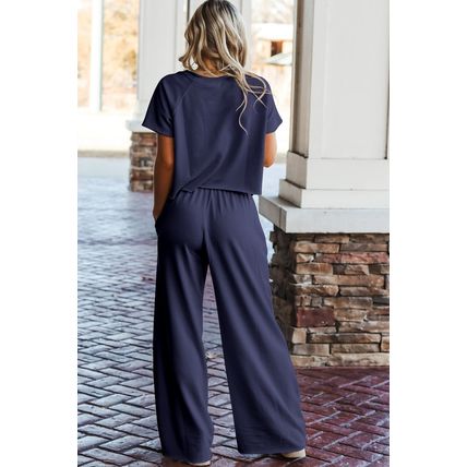Navy Blue Raw Hem Loose Tee and Wide Leg Pants Set