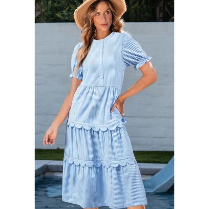 Sky Blue Stripe Bubble Short Sleeve Tiered Scallop Long Dress