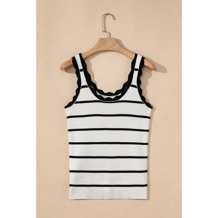 Black Striped Scalloped Edge U Neck Sleeveless Sweater Vest