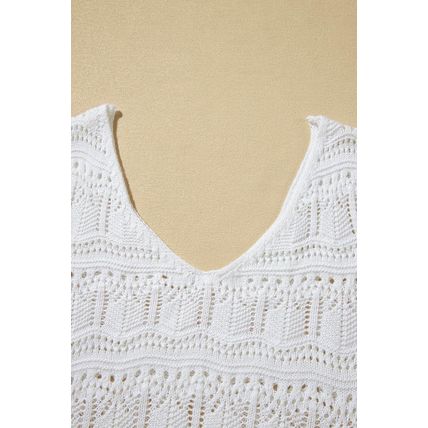 White V Neck Textured Hollow-out Sweater Vest
