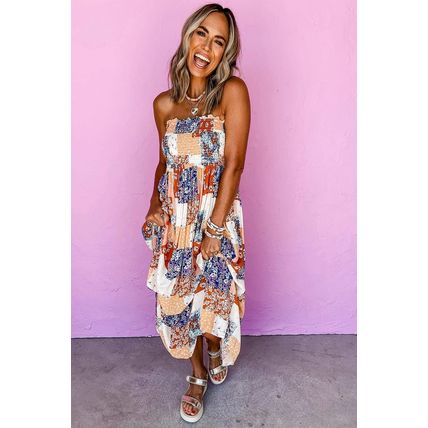 Orange Floral Patchwork Printed Frilled Bandeau Smocked High Waist Long Dress