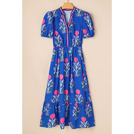 Sky Blue Floral Puff Short Sleeve V Neck High Waist Maxi Dress