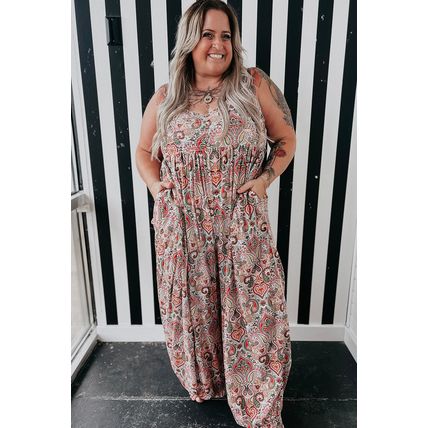 Multicolour Plus Size Paisley Print Sleeveless V Neck Jogger Jumpsuit