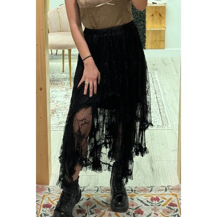 Black Lace Cascading Tiered High Waist Maxi Skirt
