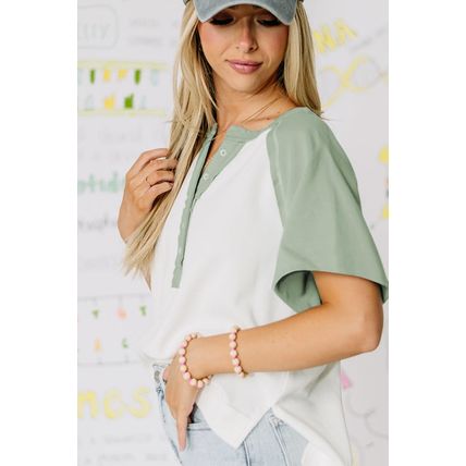 Clearly Aqua Colorblock Raglan Short Sleeve Half Buttons High Low T Shirt