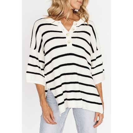 White Stripe Henley Buttoned Placket Drop Shoulder Bracelet Sleeve Knit Sweater