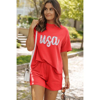 Orange Star USA Embroidered Corded T Shirt and Shorts Set