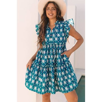 Blue Retro Floral Print Split Neck Ruffle Short Sleeve Dress