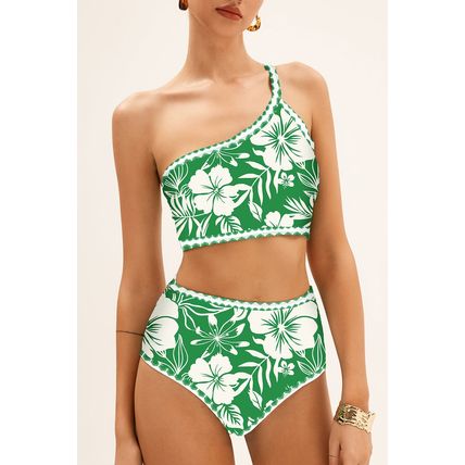 Green Floral Print One Shoulder High Waist Bikini Set