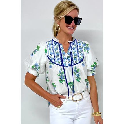 Beige Floral Print Piping Trim Tie Neck Short Sleeve Blouse