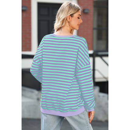 Blue Stripe Contrast Ribbed Trim Crossed Stitch Drop Shoulder Sweatshirt