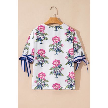 White Floral Colorblock Stripe Knot Bubble Sleeve V Neck Blouse