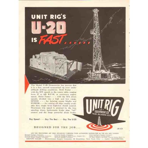 UNIT RIG EQUIPMENT COMPANY 1953 U-20 fast drawwork drilling vintage ad