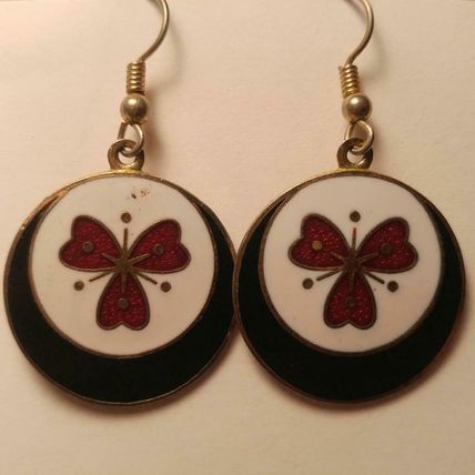 Triple Heart Earrings Star Shaped Circle Cloisonne Pierced Earrings 1-7/8"