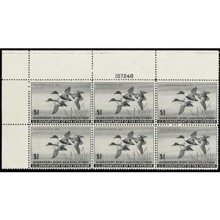 RW12, Mint VF-XF NH Top Plate Block of Six Duck Stamps Cat $600.00 - Stuart Katz
