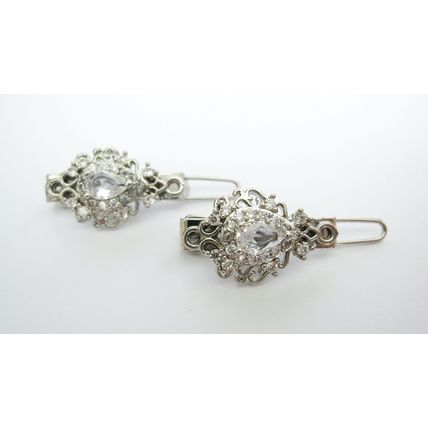 Two small tiny silver filigree crystal hair pin clip barrettes fine hair