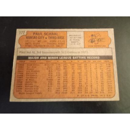 Topps 1972 # 177 Paul Schaal 3rd Base Royals 6.0 Excellent/Mint Condition