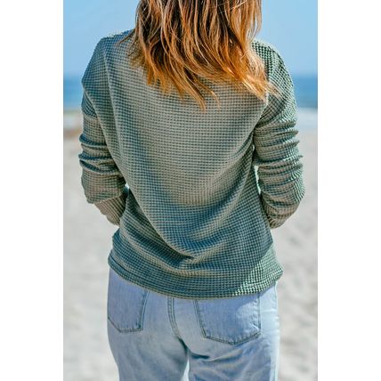 Green Waffle Knit Drop Shoulder Long Sleeve Top