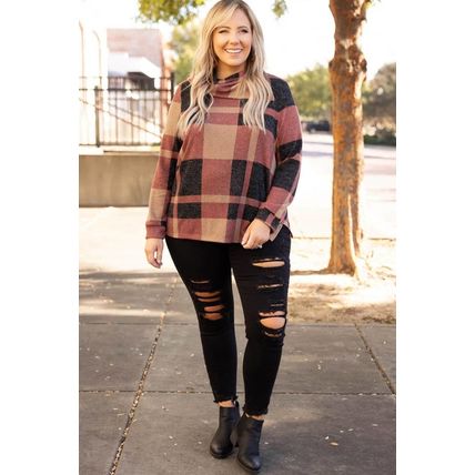 Mineral Red Plus Size Plaid Print Button Decor Asymmetric Neck Top