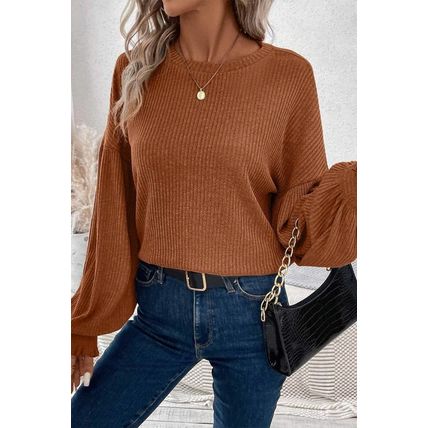 Chestnut Ribbed Knit Drop Shoulder Ruffled Sleeve Textured Top
