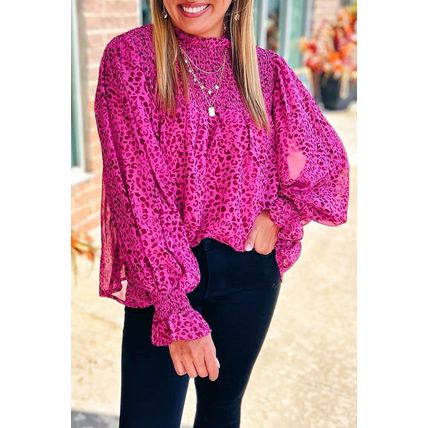 Rose Leopard Shirred Puff Sleeve Flowy Blouse