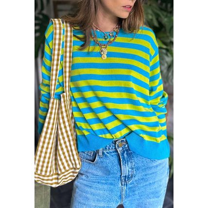 Green Stripe Crew Neck Drop Shoulder Casual Sweater