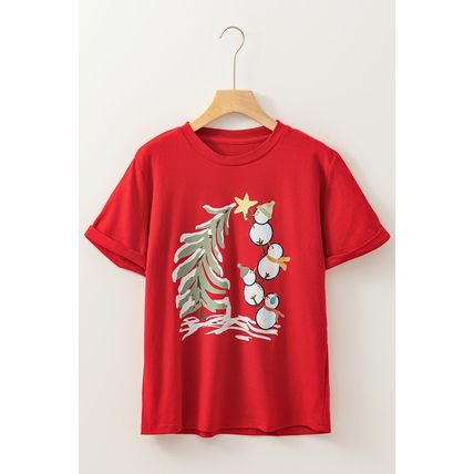 Red Christmas Tree Snowman Printed Crewneck T Shirt