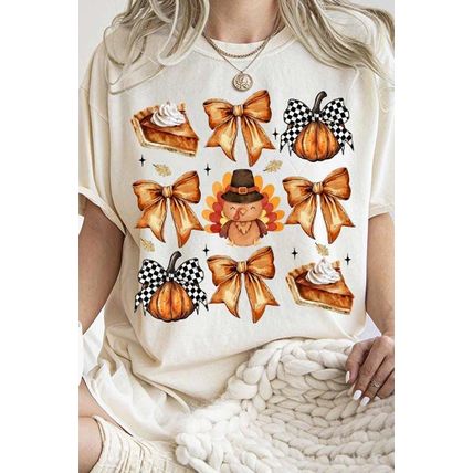 White Cute Bowknot Tanksgiving Graphic Crewneck T Shirt