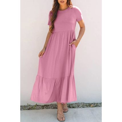 Pink Solid Color T-shirt High Waist Pocketed Long Dress