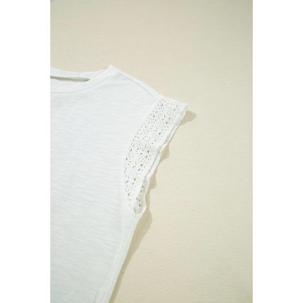 White Lace Patchwork Cap Sleeve Round Neck T Shirt