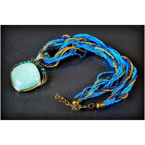 Retro Antiqued Bronze Blue Crystal Pendant Seed Bead Necklace Jewellery 1381