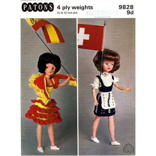 9828 Patons Knitting pattern 12" Girl Doll Spanish & Swiss Costumes 4ply - Sindy