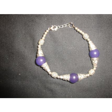 Tibetan oriental metal and large 12mm purple amethyst glass stone 8" bracelet