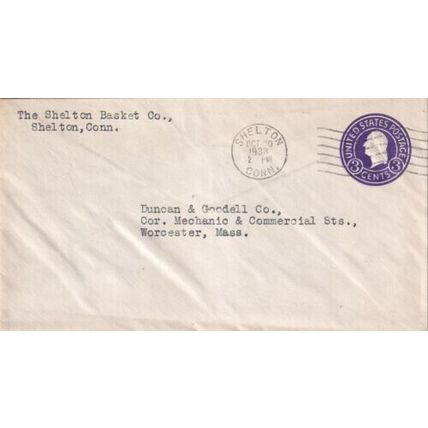 United States 1933 Shelton Basket Co.Shelton CONN-Worcester MASS Cover typed VGC