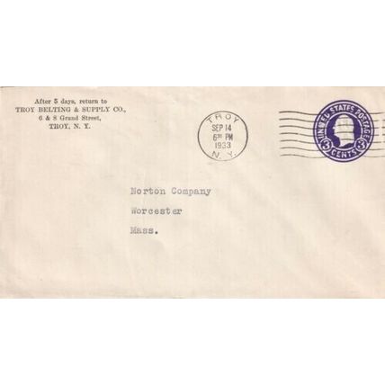 United States 1933 Troy Belting & Supply Co.NY-Worcester MASS Cover typed VGC