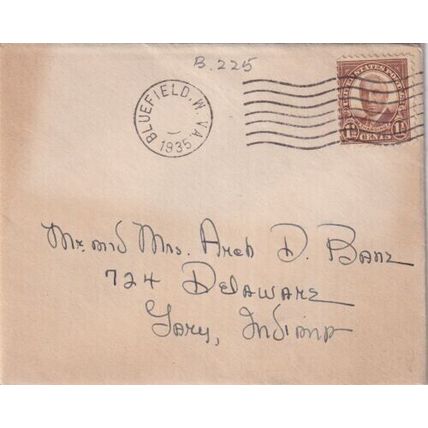 United States 1935 Bluefield WVA-Indiana Cover Bluefield cancel written VGC