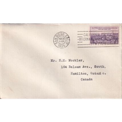 United States 1935 San Diego CAL-Hamilton Canada Cover San Diego cancel typed VG