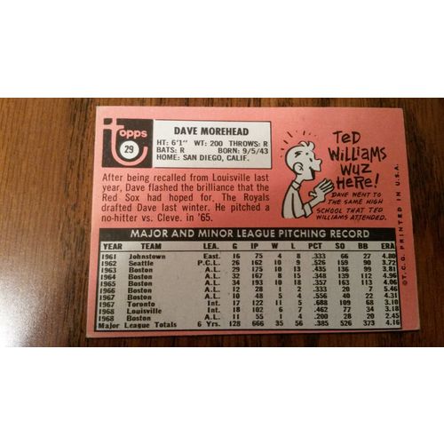1969 Topps Card # 029 Dave Morehead Very Good-Excellent (4) Kansas City Royals